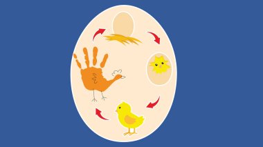 Tavuklu yumurta ve mavi arka planda piliçler. Vektör illüstrasyonu.