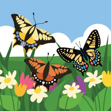 Renkli kelebekler ve çiçekler yaz çayırında, vektör illüstrasyonu 