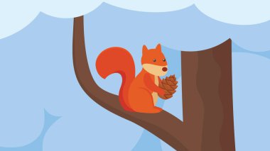 Ormanda çam kozalaklı şirin sincap, vektör çizimi