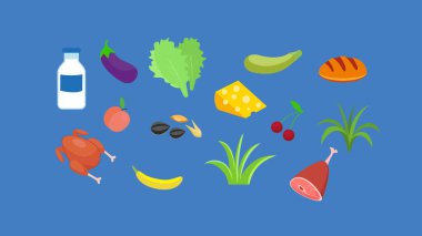 Sebze, meyve, ekmek ve süt. Sağlıklı beslenme. vektör illüstrasyonu  