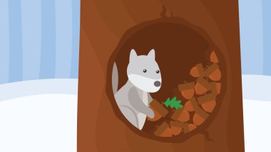 Kış ormanında meşe palamudu olan bir sincap çukurda oturuyor.