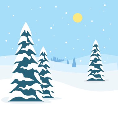 Karla kaplı çam ağaçları ve tepelerin yer aldığı kış manzarasının vektör çizimi. 