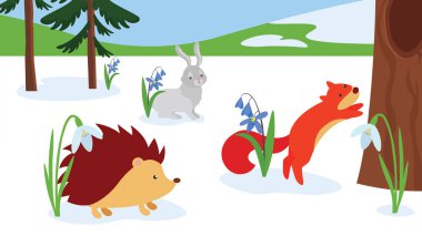 Kardaki sevimli hayvanlar ve ormandaki bahar çiçekleri.