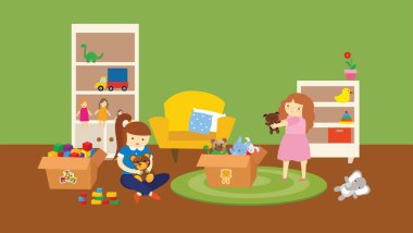 Odada oyuncaklarla oynayan sevimli çocukların vektör çizimi