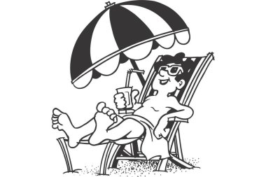 Sahilde oturan genç bir adamın siyah-beyaz çizimleri.