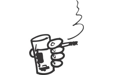 Çakmağı sigarayla tutan el. Vektör çizimi. beyaz arkaplanda izole edilmiş.