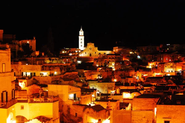 Matera Noche Con Iluminación Las Calles Catedral Brillante Parte Superior — Foto de Stock