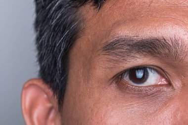 Bir adamın açık gözlerinin yakın çekim görüntüsü. Asyalı erkeklerin gözleri.