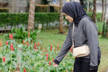 Endonezyalı genç bir Müslüman kadın şehir parkında çiçeklere bakıyor.