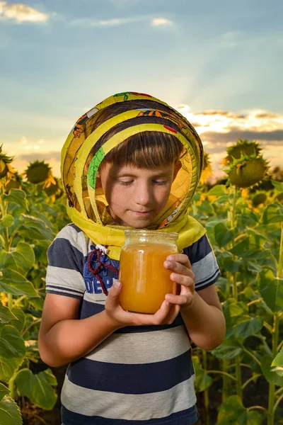 Ragazzo Che Tiene Mano Barattolo Miele Campo Tra Girasoli Concetto — Foto Stock