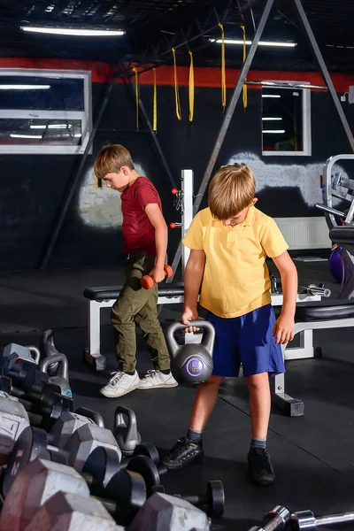 Two boys work out in the gym and lift heavy weights and dumbbells.