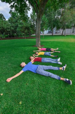 Four joyful and happy children lie in a row in the park on the green grass.