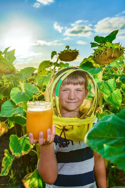 Boy Beekeeper Mask Holds Jar Honey Field Sunflowers End Apiary — Stock fotografie