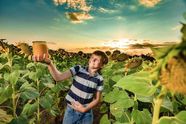 Pojke Annonserar Honung Ett Solrosfält Och Håller Burk Honung Handen — Stockfoto