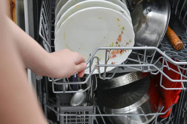 Housewife Girl Puts Dirty Dishes Dishwasher Washing Cleaning Food — Stock Photo, Image