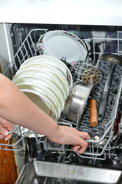 Housewife Girl Puts Dirty Dishes Dishwasher Washing Cleaning Food — Stock Photo, Image