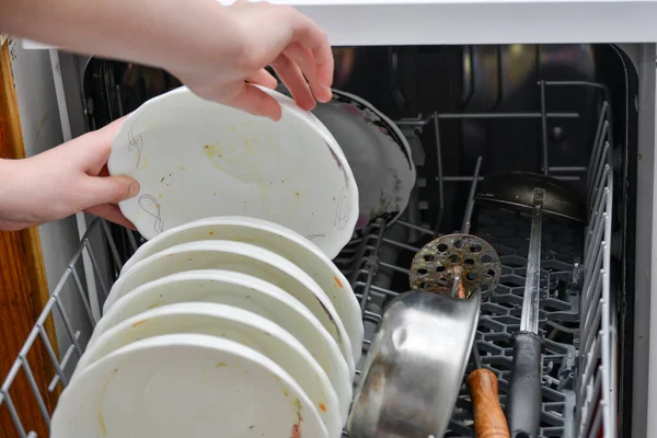 Housewife Girl Puts Dirty Dishes Dishwasher Washing Cleaning Food — Stock Photo, Image