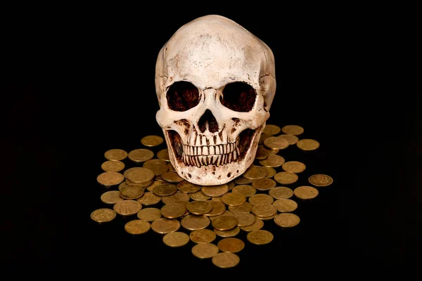 Human Skull Lies Heap Money Coins Black Background — Stock Photo, Image