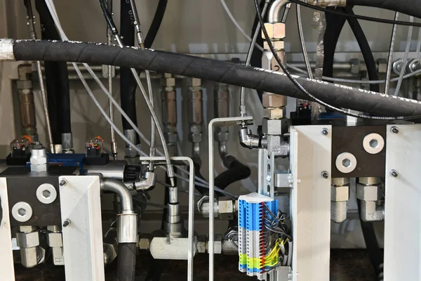 Tubes Hoses Adapters Hydraulic Oil Production Station — Stock Photo, Image