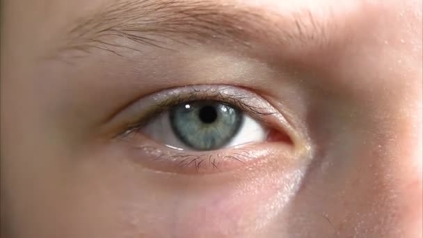 Chica Mira Cámara Parpadea Ojo Humano Cerca Concepto Tratamiento Visual — Vídeos de Stock