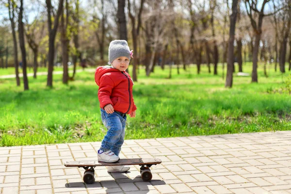 Küçük Bir Kız Parktaki Kaldırım Yolunda Kaykay Sürüyor — Stok fotoğraf