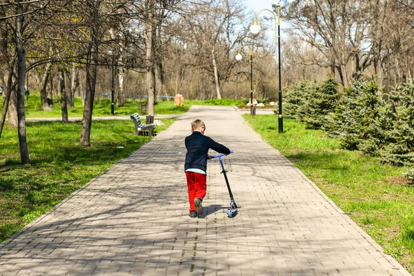 Enfant Est Scooter Dans Parc — Photo