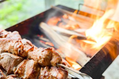 Domuz şişleri. Yanan kömürlerin üzerinde kızartılmış domuz eti..