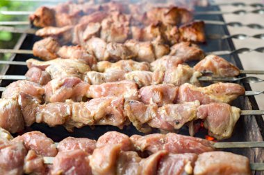 Domuz şişleri. Yanan kömürlerin üzerinde kızartılmış domuz eti..