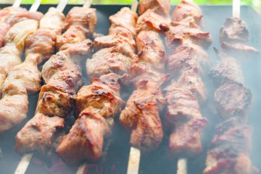 Şişe geçirilmiş domuz eti, yanan kömürlerin üstünde kızartılmış. Yanan odun dumanı kebabın üstünde yükselir..