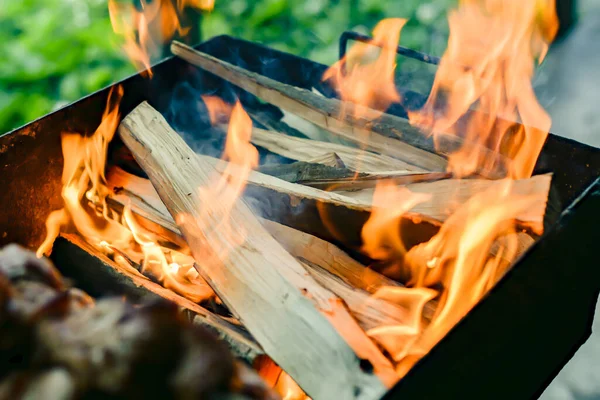 Barbekü ızgarasında yanan odun.