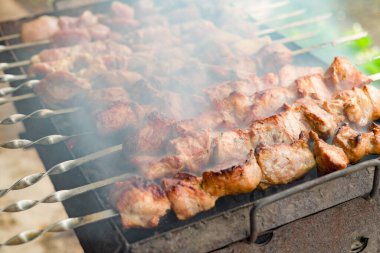 Şişe geçirilmiş domuz eti, yanan kömürlerin üstünde kızartılmış. Yanan odun dumanı kebabın üstünde yükselir..