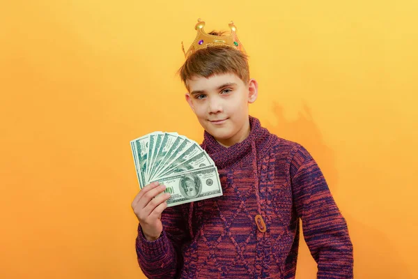 A haughty boy with a golden crown on his head holds dollars in his hand. Wealth, success and financial independence concept.