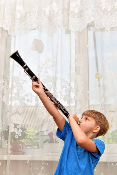 Boy Plays Clarinet Music School — Stock Fotó