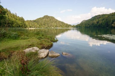 Güneş yemyeşil ağaçlarla çevrili sakin bir göl üzerinde parlıyor. Kıyı boyunca kayalar, gökyüzünün yansımaları ve berrak, durgun sularda görünen dağlarla otururlar..