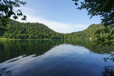 Huzurlu bir göl, açık mavi gökyüzünün altındaki yeşil tepelerin güzelliğini yakalar. Sakin su manzarayı yansıtır, doğada sakin bir atmosfer yaratır..