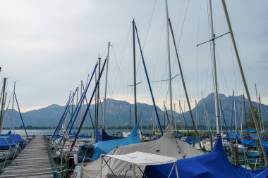 Mavi brandalarla kaplı yelkenliler bir marinaya yanaştı. Sakin su, bulutlu bir gökyüzünün altındaki dağları yansıtır ve sakin bir atmosfer yaratır..