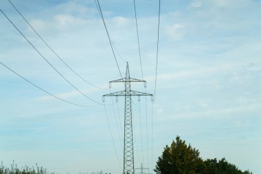 Uzun elektrik hatları açık mavi gökyüzünün arka planına doğru yükseliyor ve huzurlu bir kırsal bölgenin manzarasına ekleniyor. Ağaçlar yakınlarda duruyor, doğal manzarayı güçlendiriyor..
