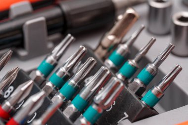 Çeşitli hassas tornavida parçaları DIY projelerinde ve onarımlarda kullanılmaya hazır bir araç tutacağı içinde düzenli olarak düzenlenir. Ev bakımı ve mekanik işler için mükemmel..