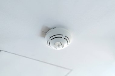 Beyaz bir tavana beyaz bir duman dedektörü monte edilir. Yuvarlak ve net bir ortası var. Tavan bir konut alanı gibi görünüyor, muhtemelen bir ev..