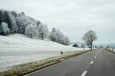 Karla kaplı bir arazide sessiz bir yol uzanıyor. Kenarlarında buzlu ağaçlar var ve uzakta küçük bir ahır duruyor. Gökyüzü bulutlu, gri ışık saçıyor.
