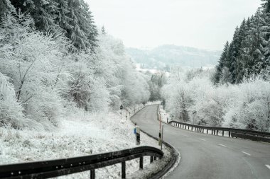 Bir yol, kışın donla kaplı ağaçlarla birlikte kıvrılır. Serin hava beyaz bir manzara gösteriyor. Görünürde hiç araba yok, doğada durgun bir an yaratıyor..
