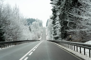 Karla kaplı ağaçların arasında dümdüz uzanan bir yol var. Manzara, bulutlu gökyüzü ve durgunluk hissi ile bir kış sahnesini gösteriyor..