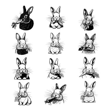 Havuç Yiyen Sevimli Tavşanlar Siyah ve Beyaz Çizimler