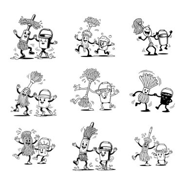 Retro Çizgi Film Paspası ve Kova Karakterleri Dans Etme Çizimleri