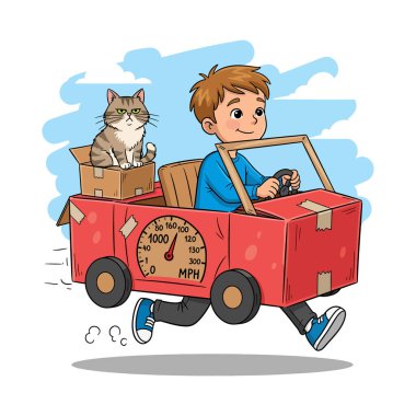 Çizgi filmci çocuk Kedi Yolcusu ile Ev Yapımı Kırmızı Karton Araba Kullanıyor