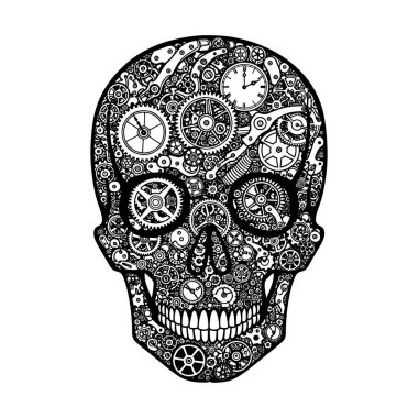 Steampunk Kurukafa ve Gears ve Clockwork. Mekanik insan kafası vintage biçim vektör çizimi