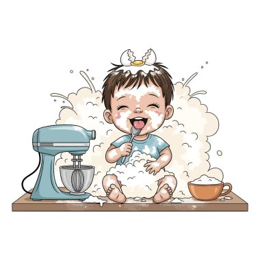 Komik Dağınık Bebek Pastası. Una bulanmış, başında yumurta olan şirin bir bebek ve karıştırıcı. Çizgi film vektör illüstrasyonu