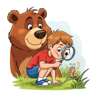 Komik Küçük Çocuk ve Dost Canlısı Ayı Worm 'a bakıyor. Büyüteç ve vahşi hayvan arkadaşıyla doğayı keşfeden sevimli bir çocuk. Çizgi film vektör illüstrasyonu