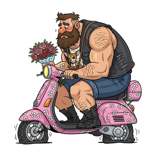 Minik Pembe Scooter 'da komik bir motosiklet. Çiçek tutan iri kaslı bir adam ve patlak lastikli bir köpek. Çizgi film vektör illüstrasyonu