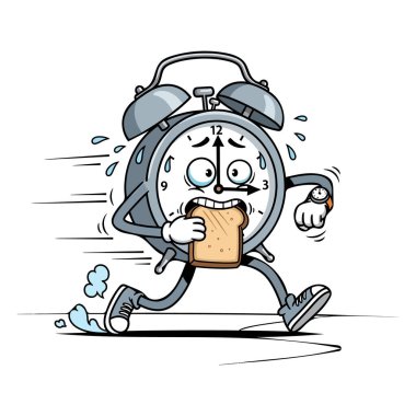 Funny Panicked Alarm Clock Running Late While Eating Toast Breakfast